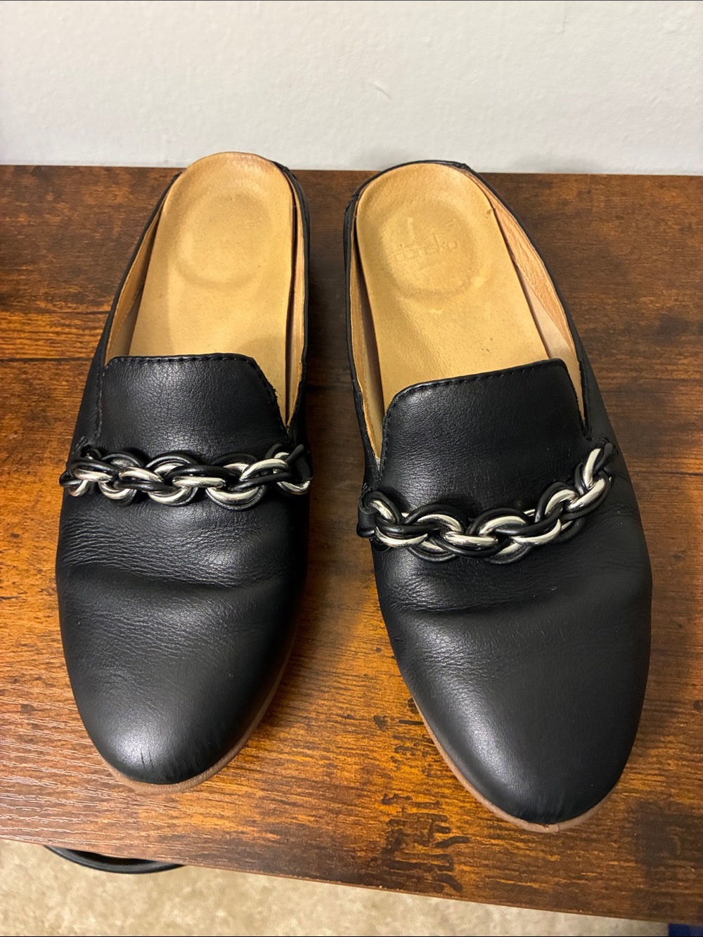 Dansko Black Leather Slip-On Loafers with Silver Chain
